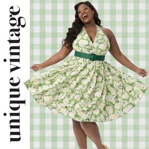 Unique Vintage 1950s White & Green Floral Halter Swing Dress, 1x, NWT!